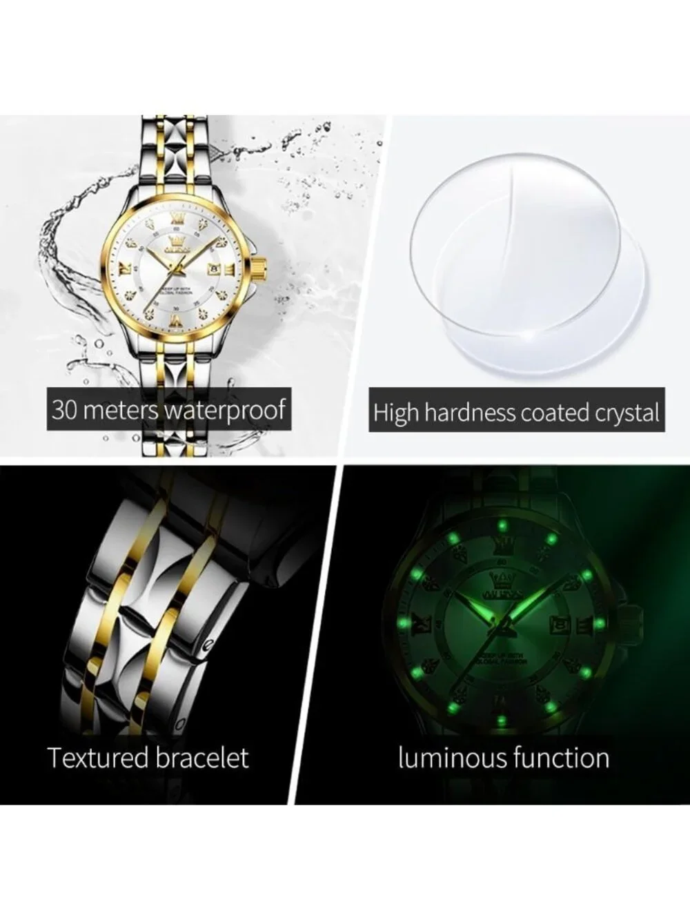 Women's Silver White Analog Stainless Steel Waterproof Luminous Luxury Watch